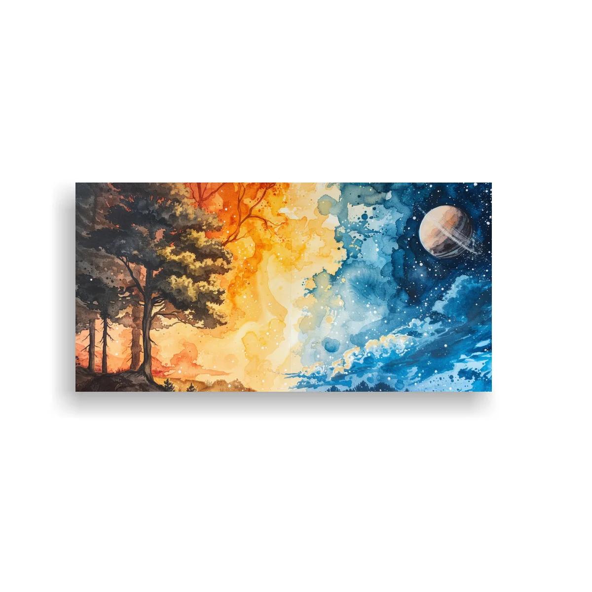 Cuadro paisaje fantástico con árbol y luna en contraste día y noche