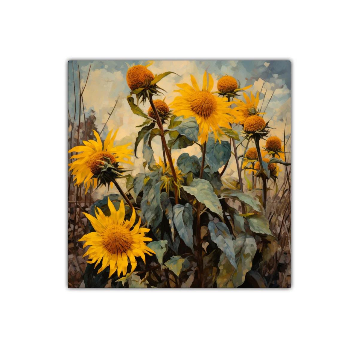 Cuadro decorativo con girasoles vibrantes y tierra seca