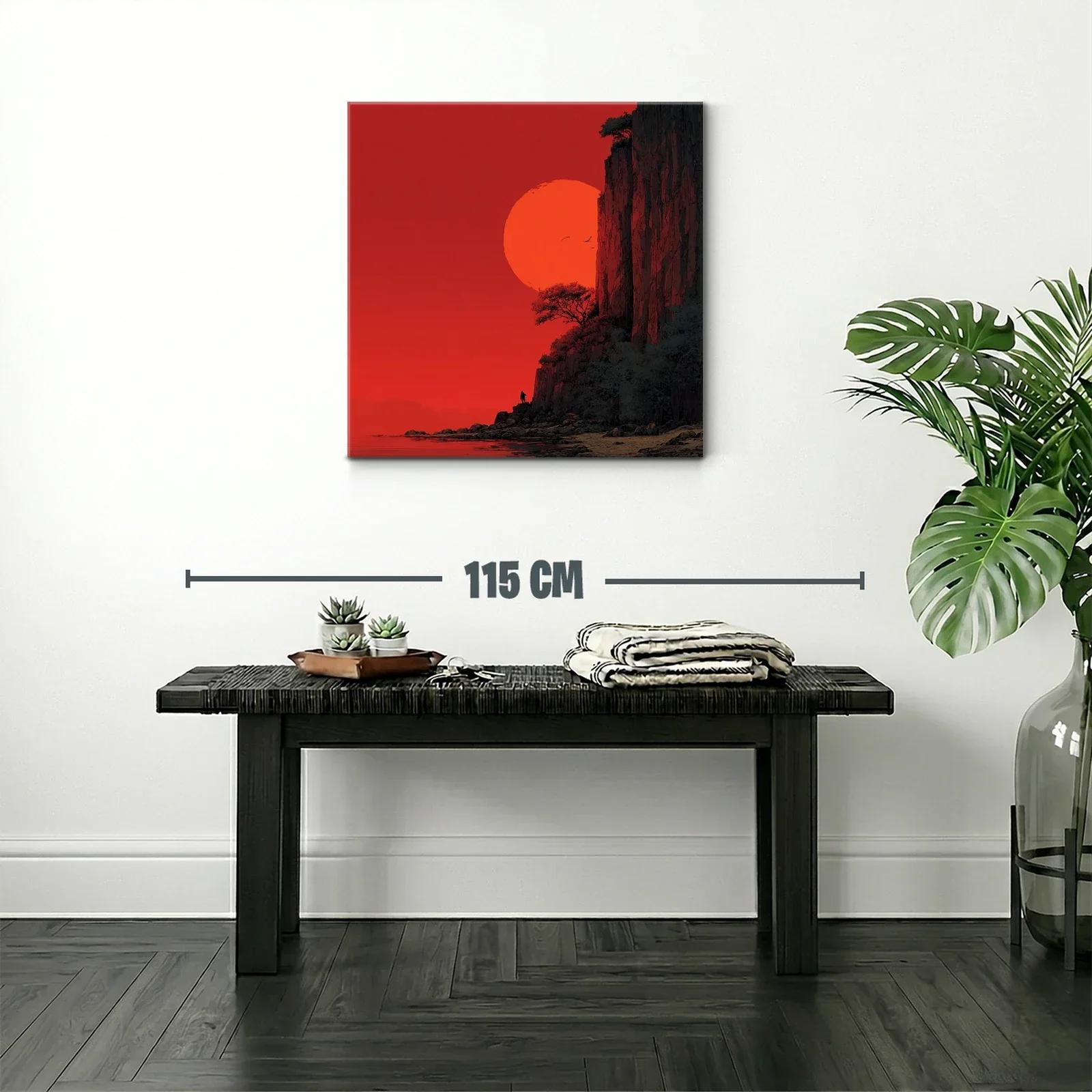Paisaje dramático con sol rojo y acantilados rocosos — miniatura 2
