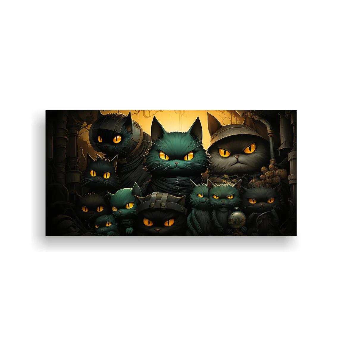Cuadro grupo de gatos negros con ojos amarillos y fondo dorado