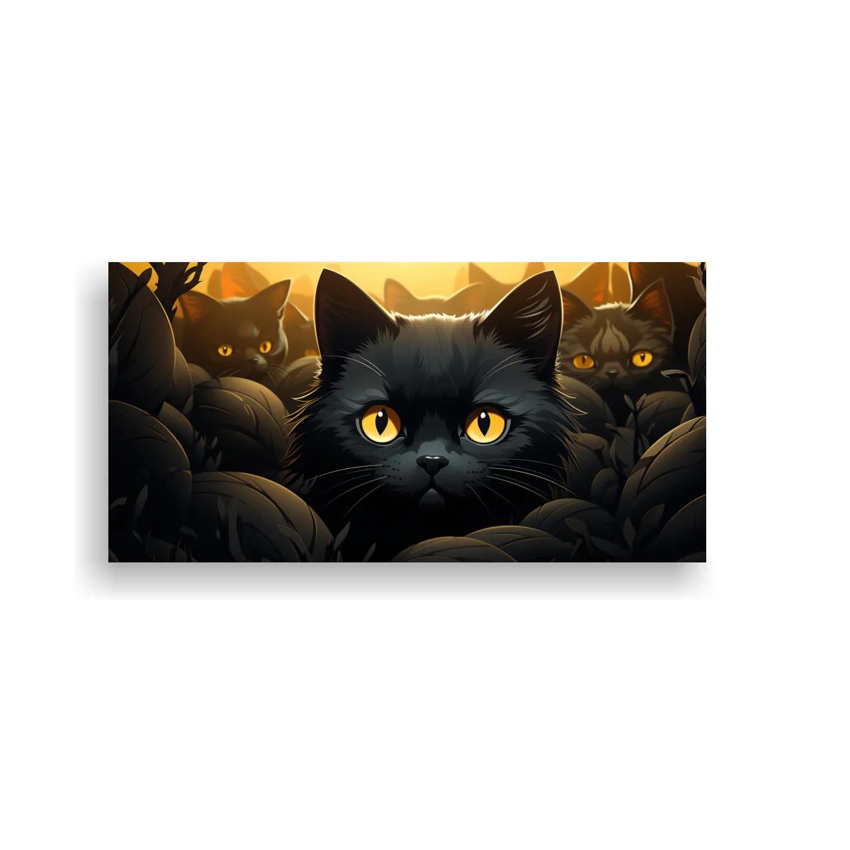 Cuadro gato negro de ojos amarillos entre hojas