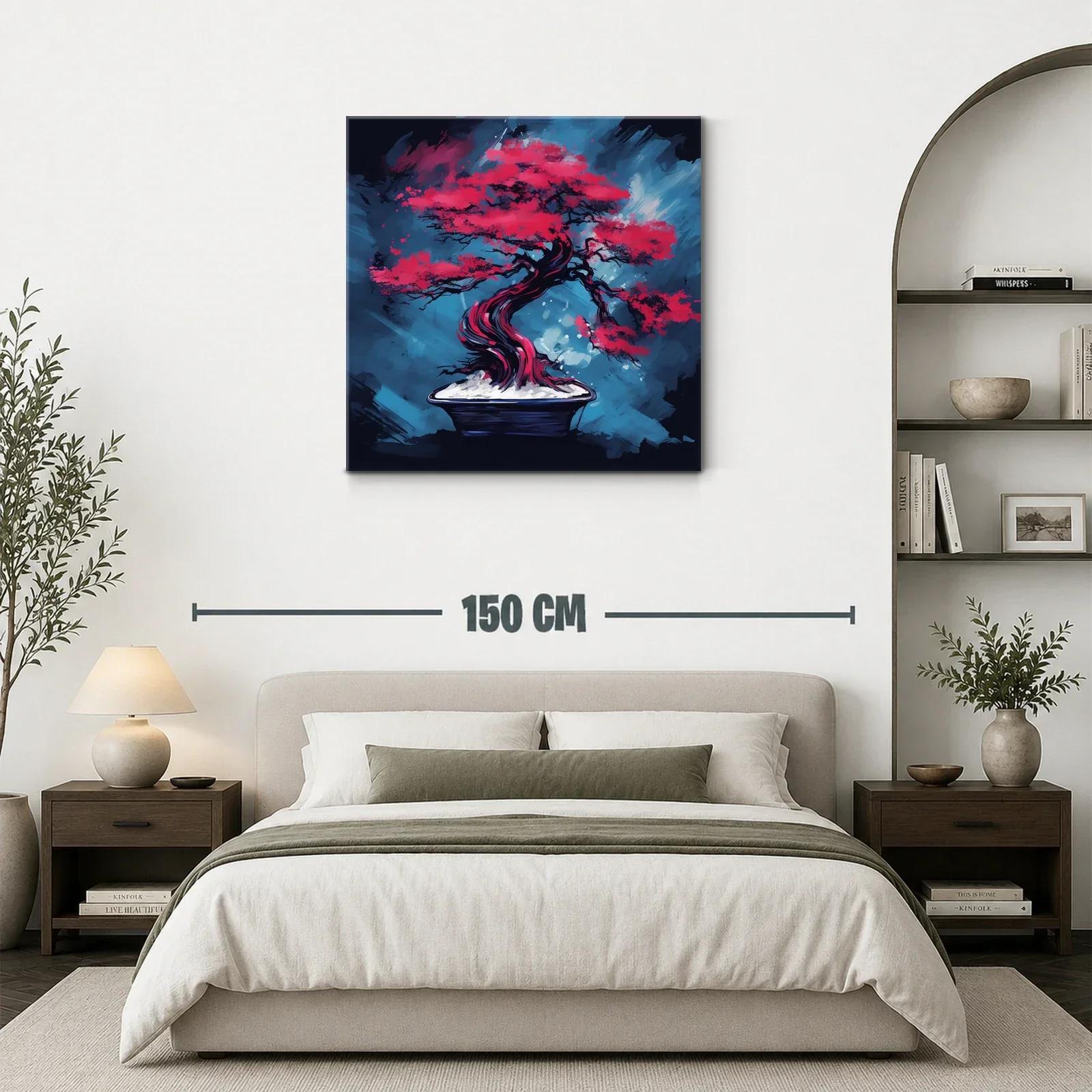 Árbol bonsái rojo intenso sobre fondo azul vibrante — miniatura 3
