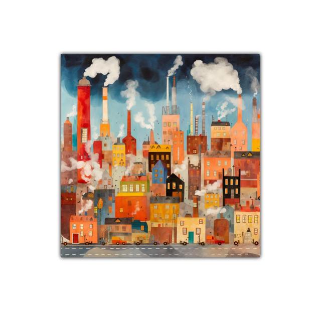 Ciudad industrial con chimeneas y humo en tonos cálidos