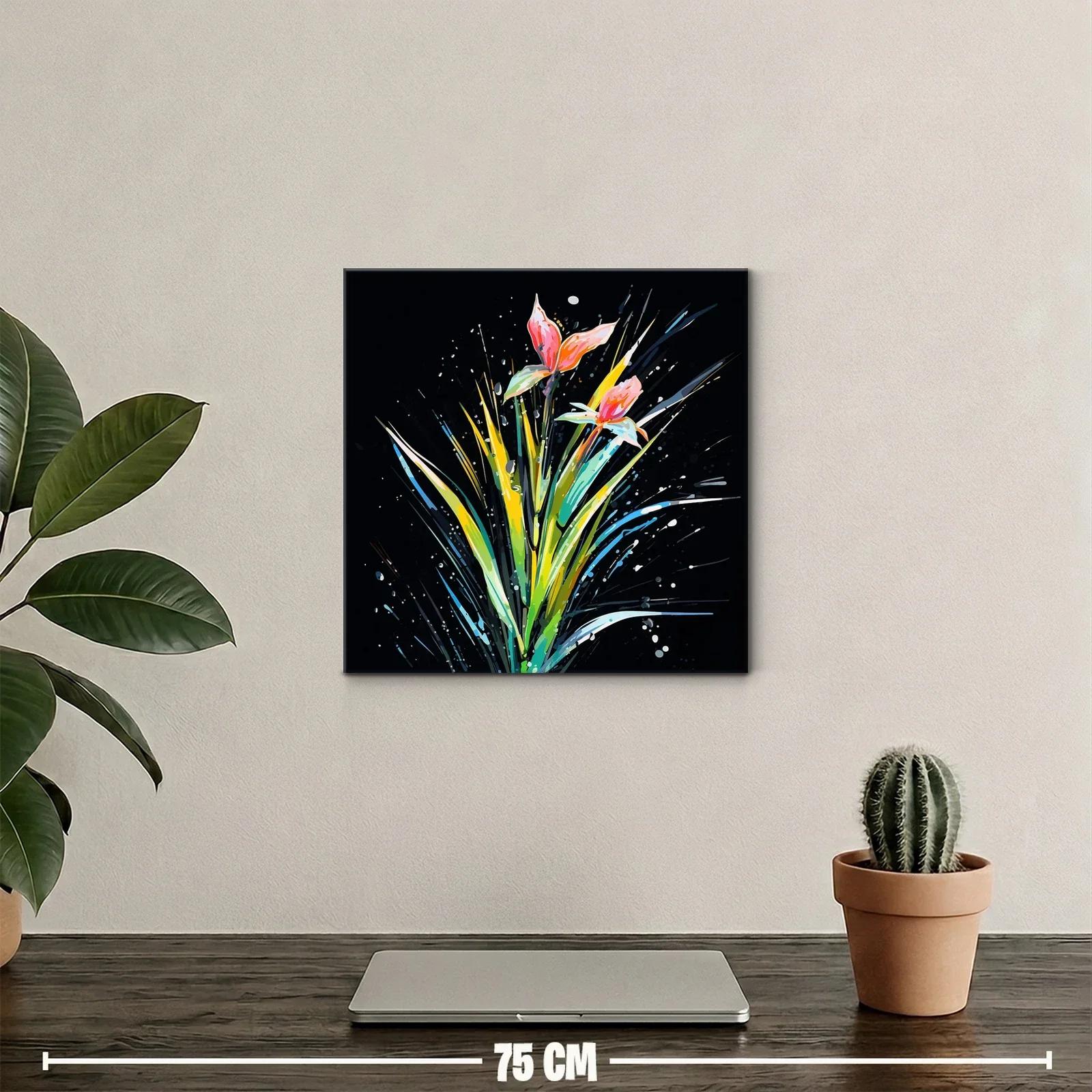 Cuadro moderno con flores vibrantes sobre fondo oscuro — miniatura 2