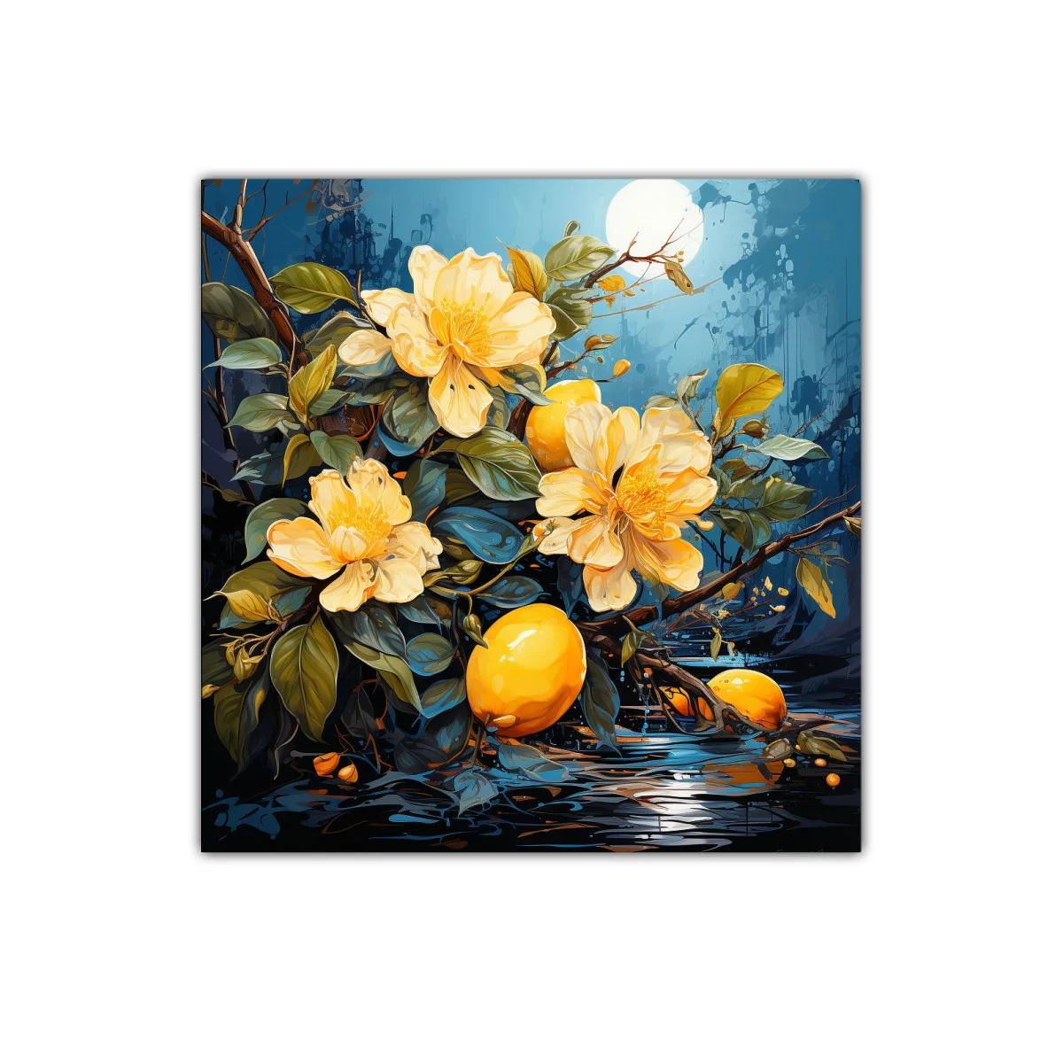 Cuadro decorativo con flores amarillas y limones luminiscentes
