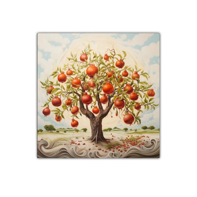 Árbol de granadas en paisaje onírico y vibrante