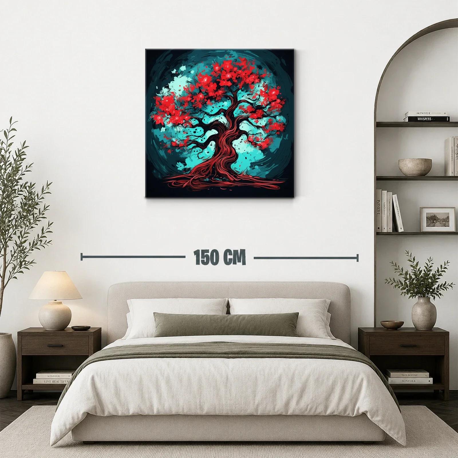 Árbol vibrante con flores rojas y fondo turquesa intenso — miniatura 3