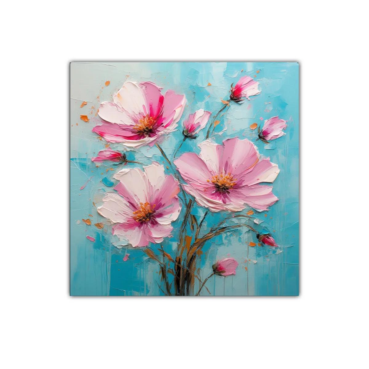 Cuadro flores rosas sobre fondo azul vibrante y texturizado — imagen principal