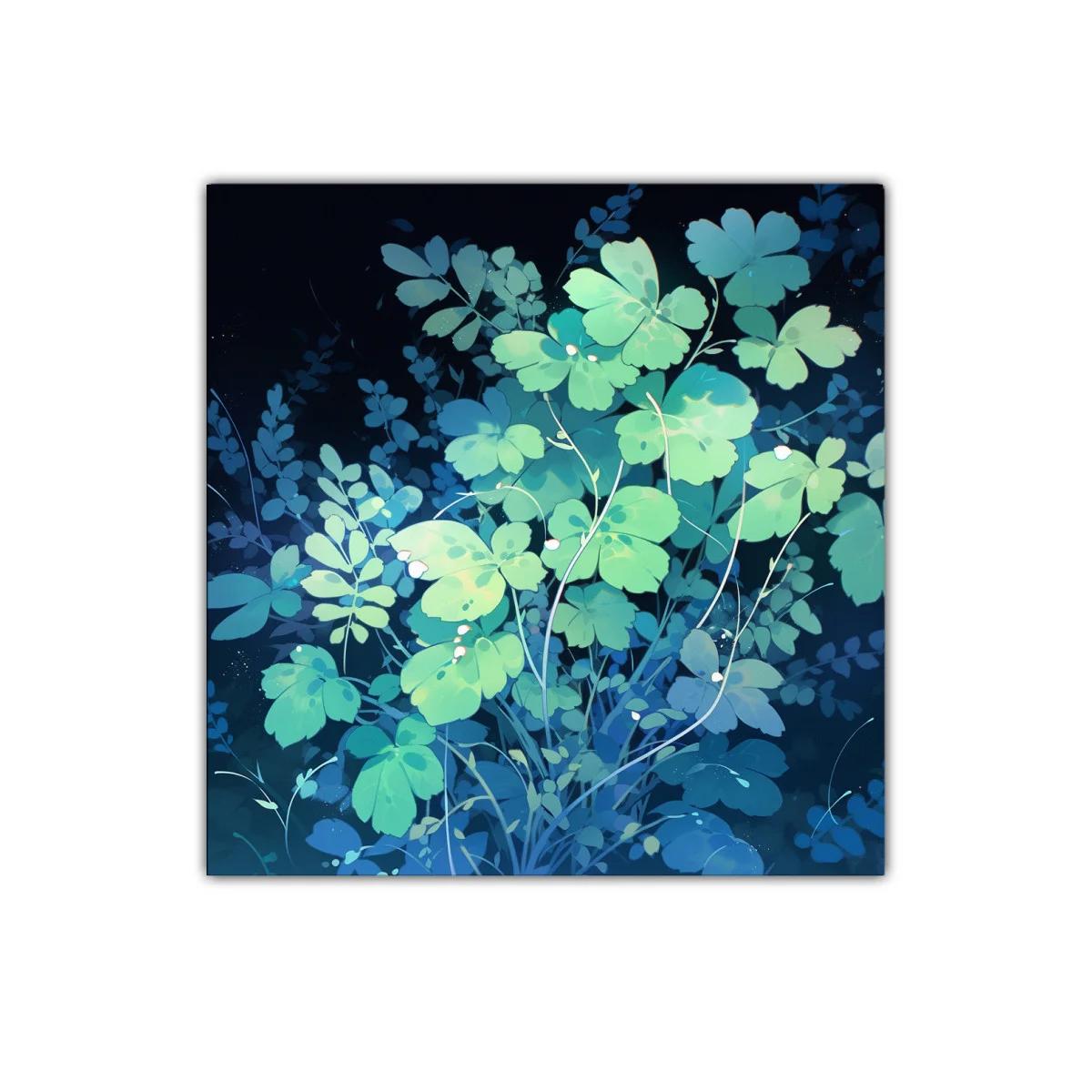 Cuadro con delicadas hojas verdes y fondo azul oscuro