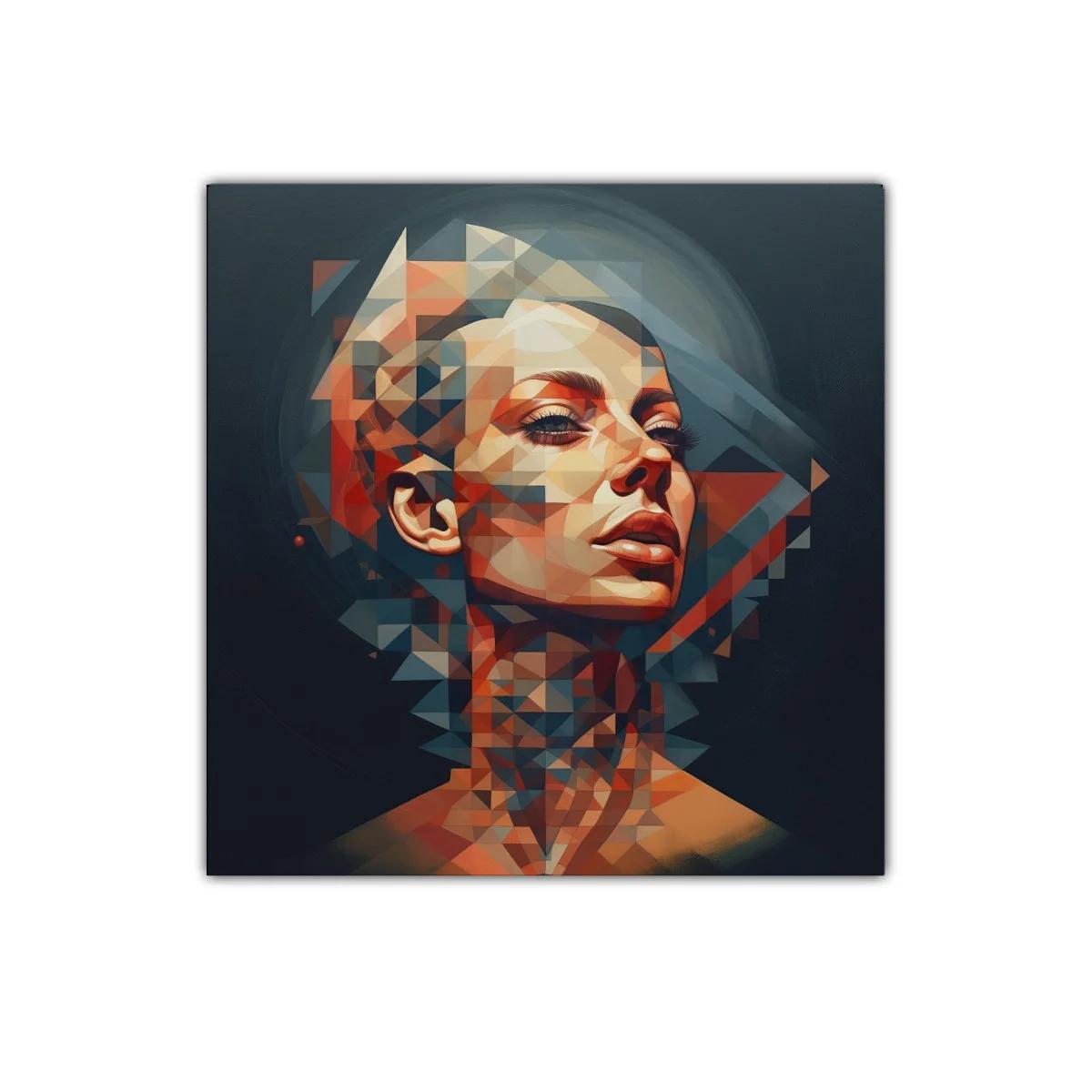 Retrato geométrico femenino con tonos cálidos y fríos