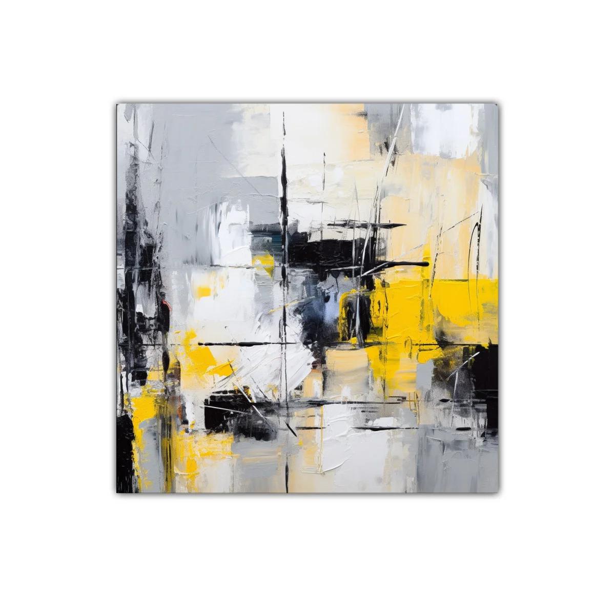 Cuadro abstracto con tonos grises, negros y amarillo vibrante