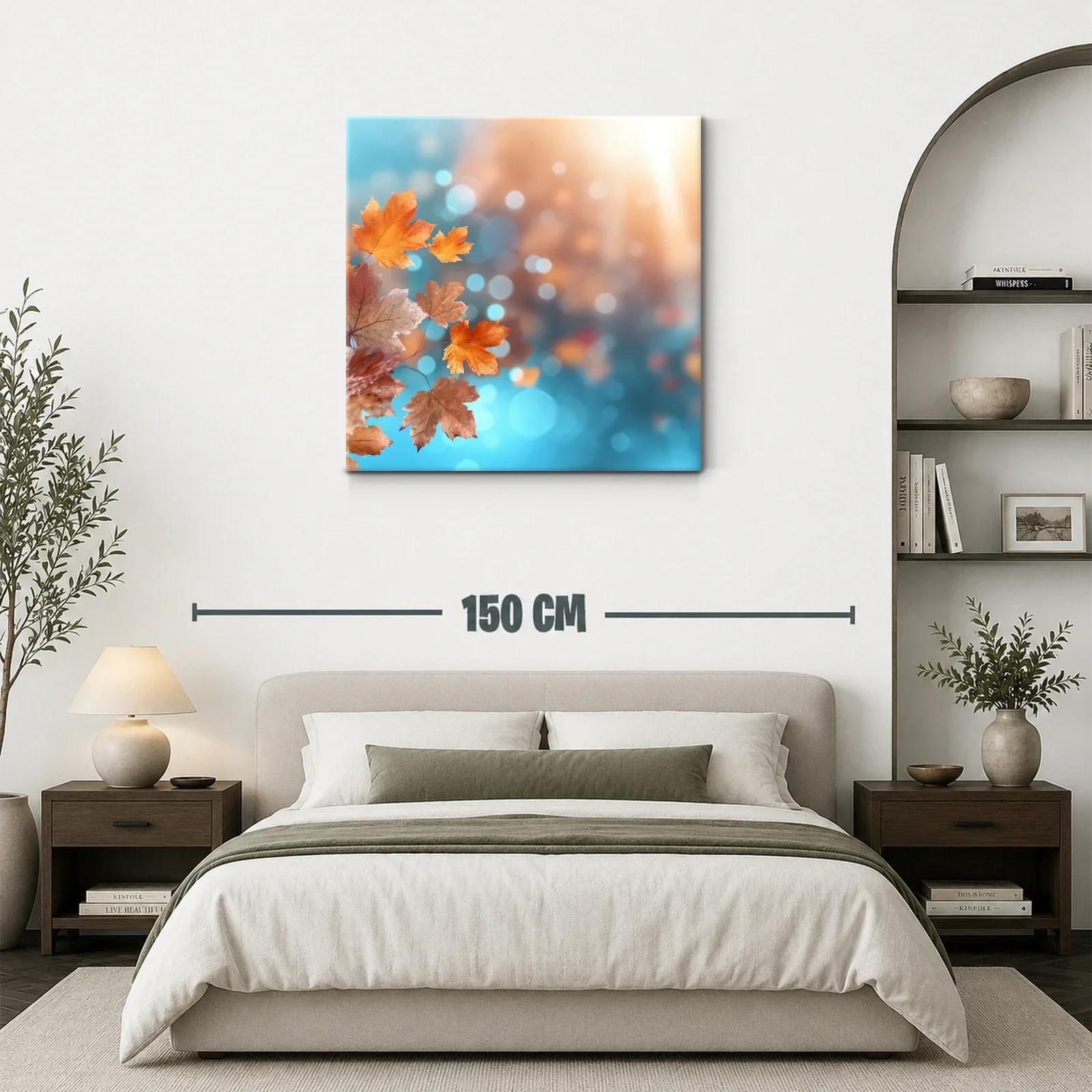 Cuadro con hojas de otoño en tonos cálidos y azul brillante — miniatura 3