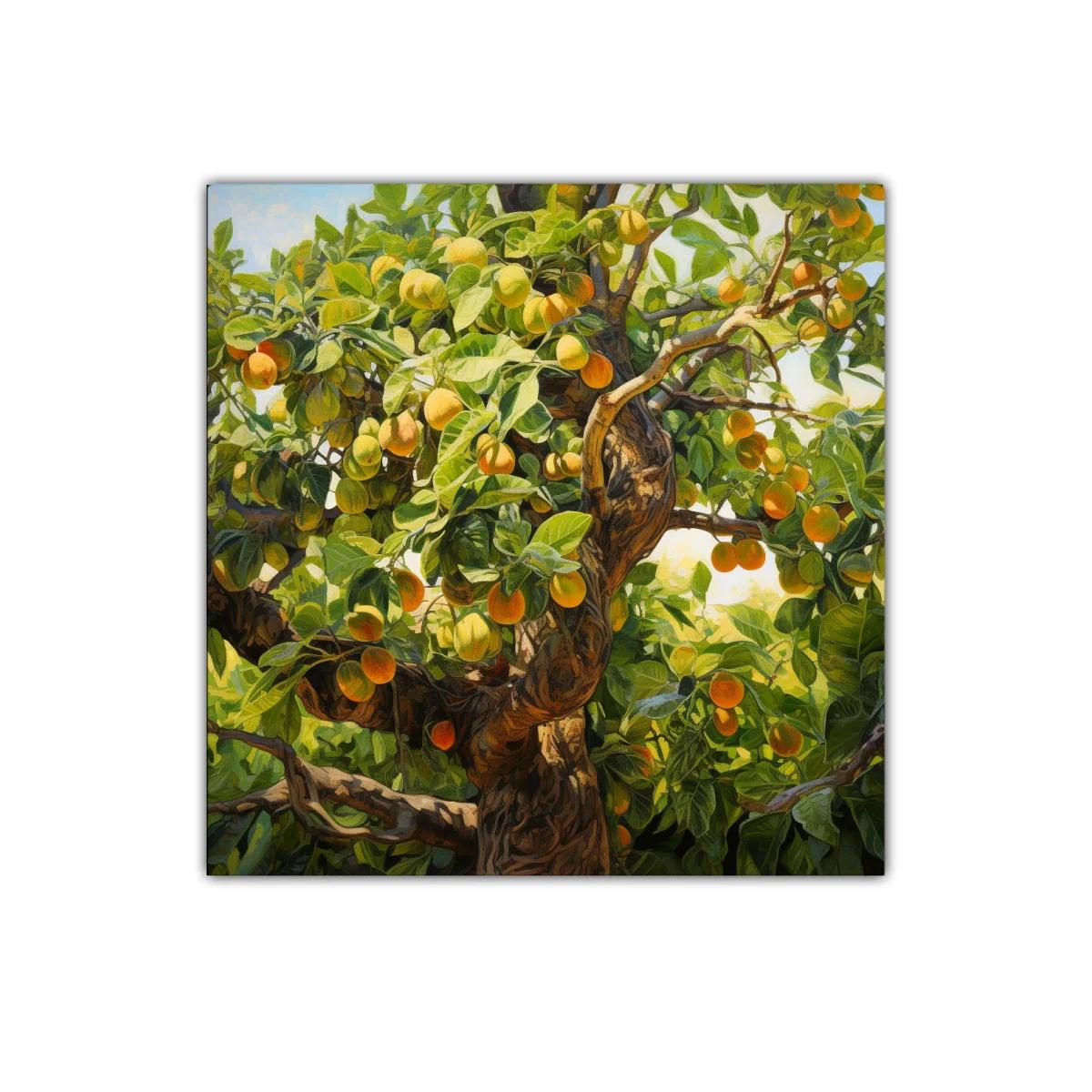 Cuadro decorativo árbol de frutas con tonos verdes y naranjas