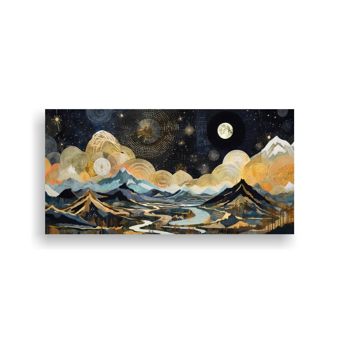 Cuadro paisaje montañoso nocturno con luna llena y círculos