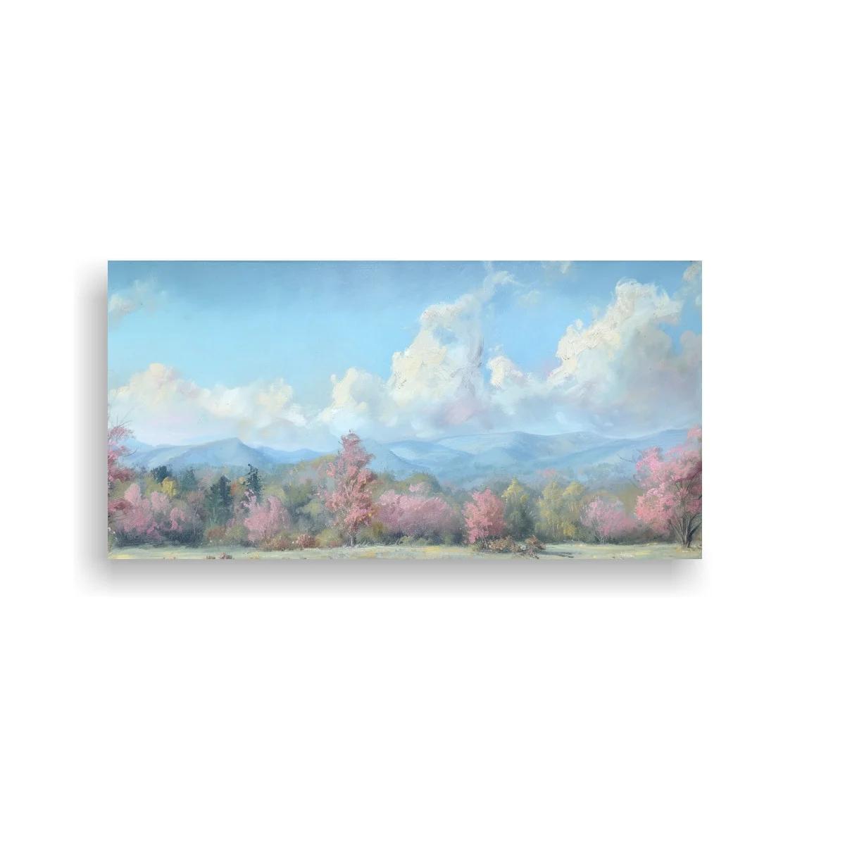 Cuadro paisaje con árboles en flor y campo de hierba