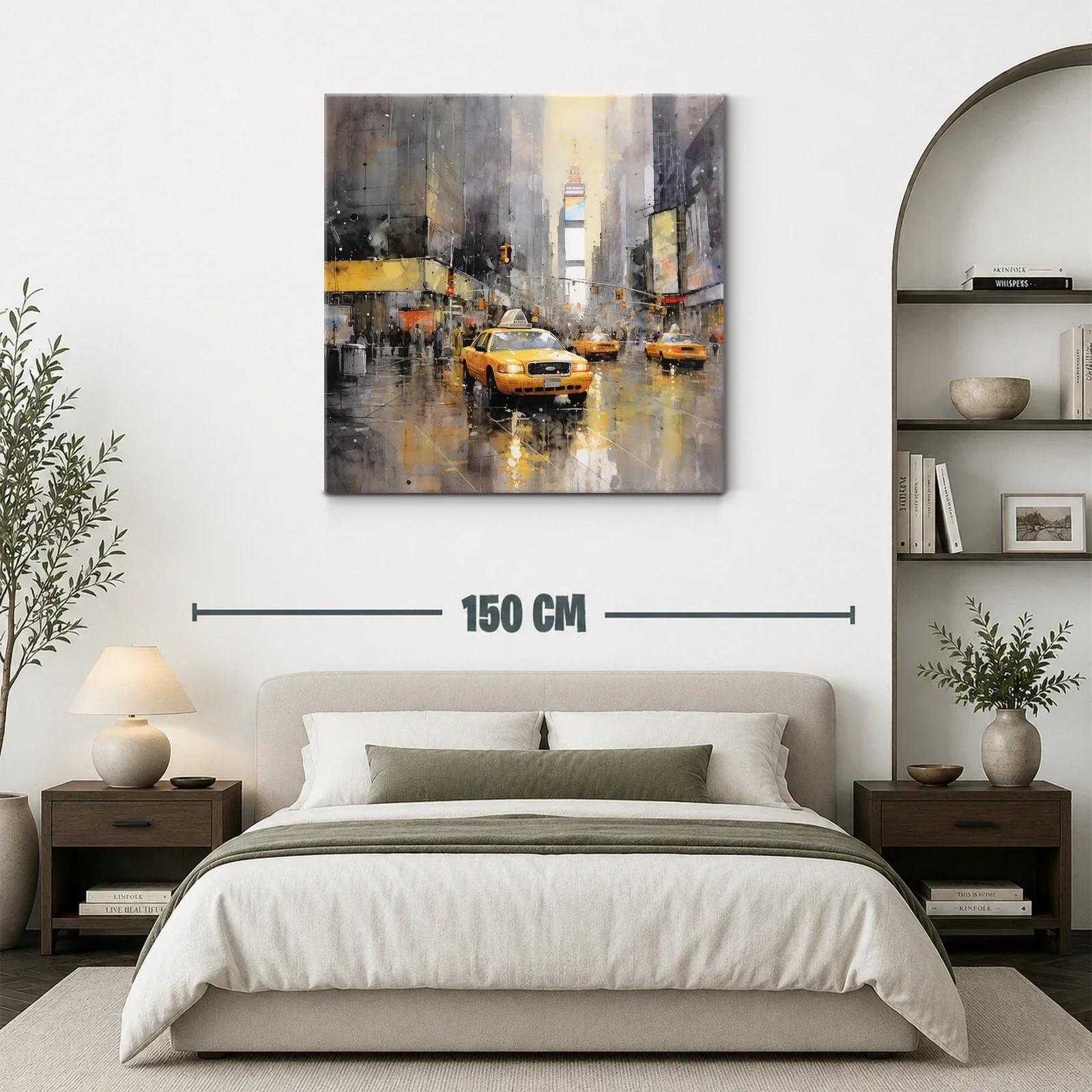 Cuadro urbano con taxis amarillos y reflejos en la lluvia — miniatura 3