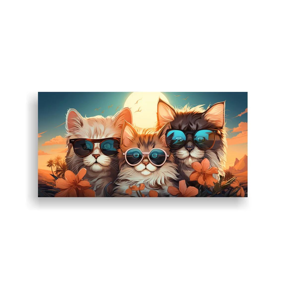 Cuadro tres gatos con gafas de sol y palmeras