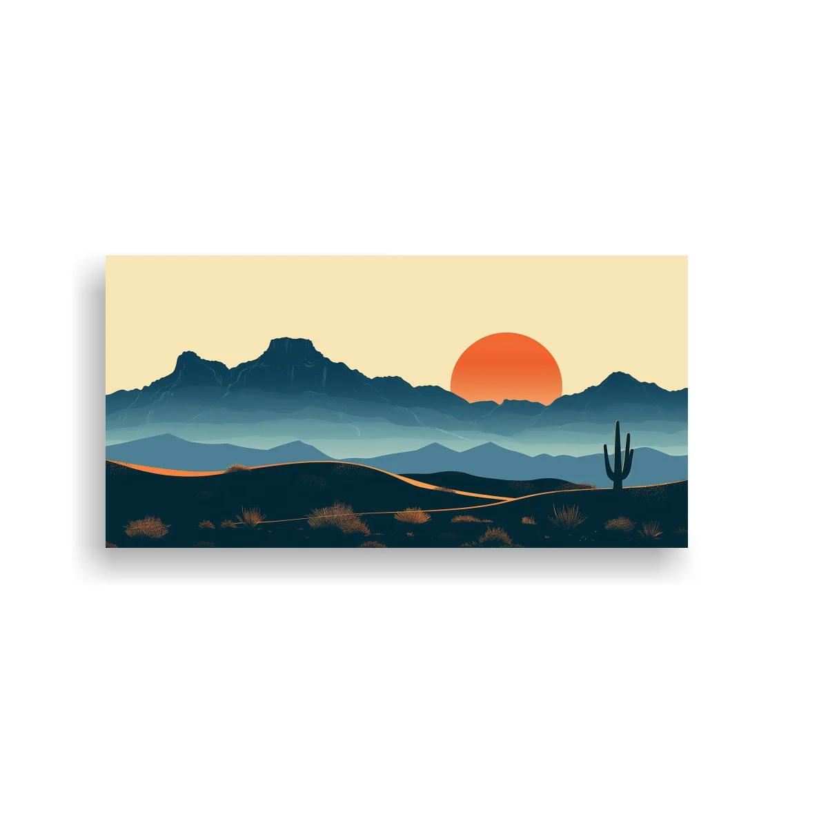 Cuadro paisaje desértico con cactus y montañas