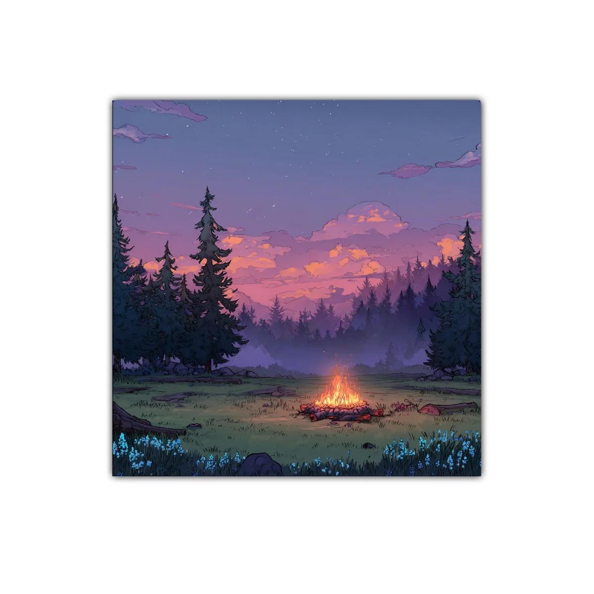 Atardecer en el bosque con hoguera encendida — imagen principal