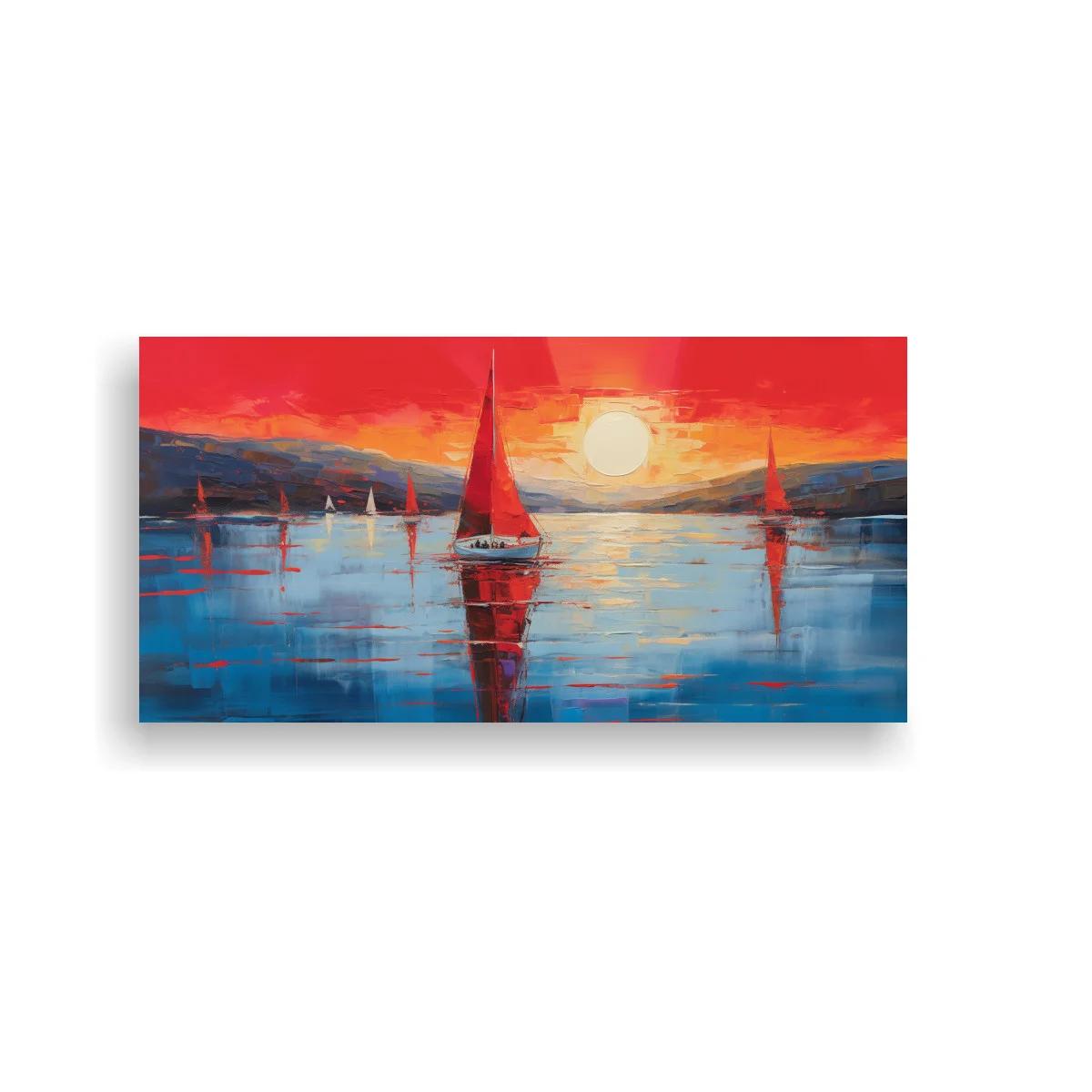 Cuadro velero con vela roja y sol bajo en el horizonte