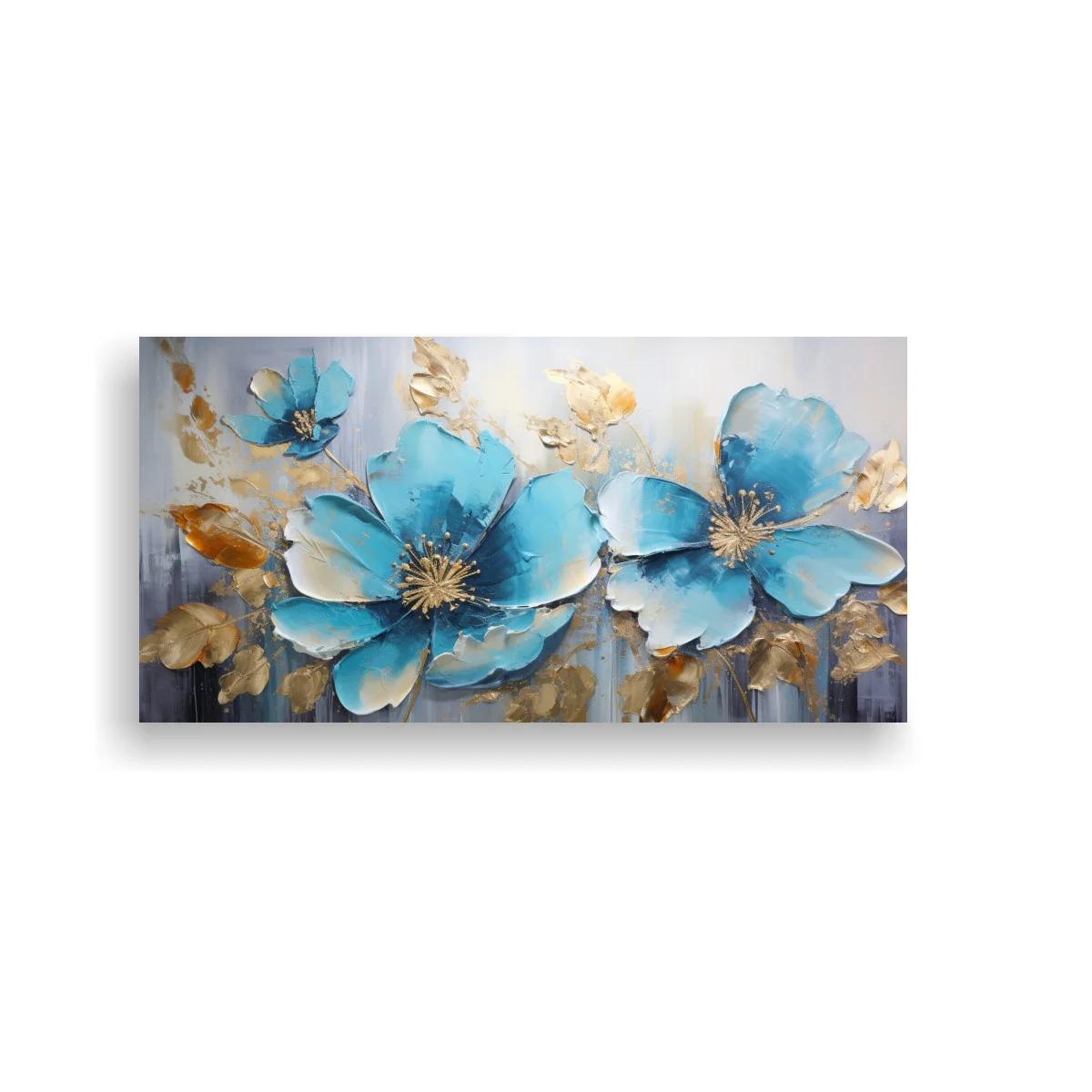 Cuadro flores azules grandes con follaje dorado