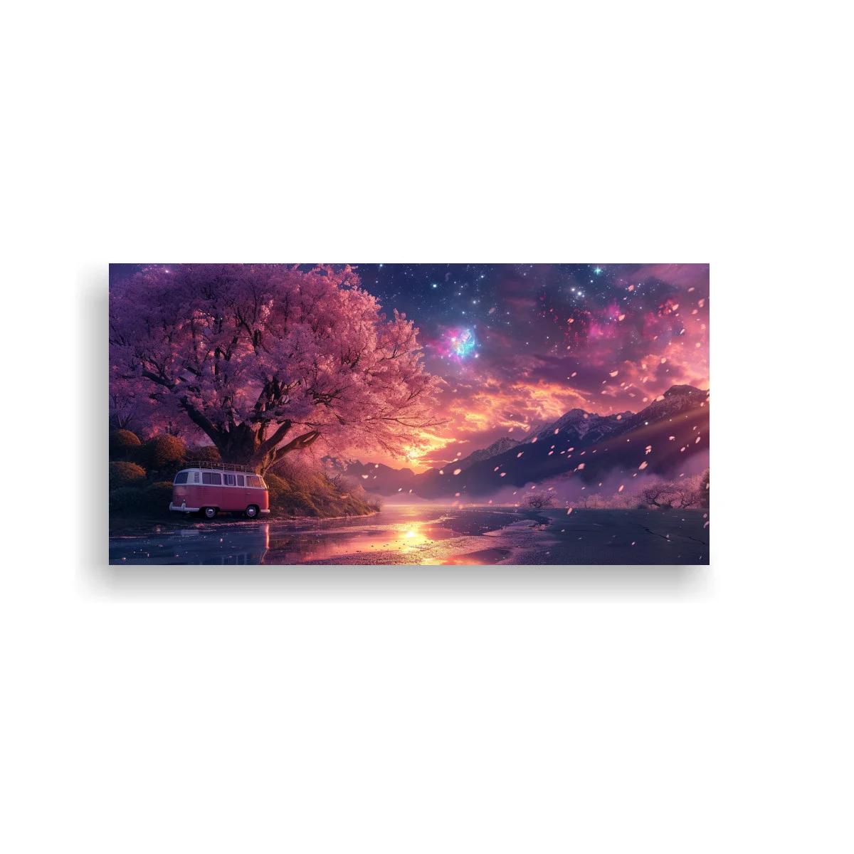 Cuadro árbol rosado con furgoneta junto al lago — imagen principal