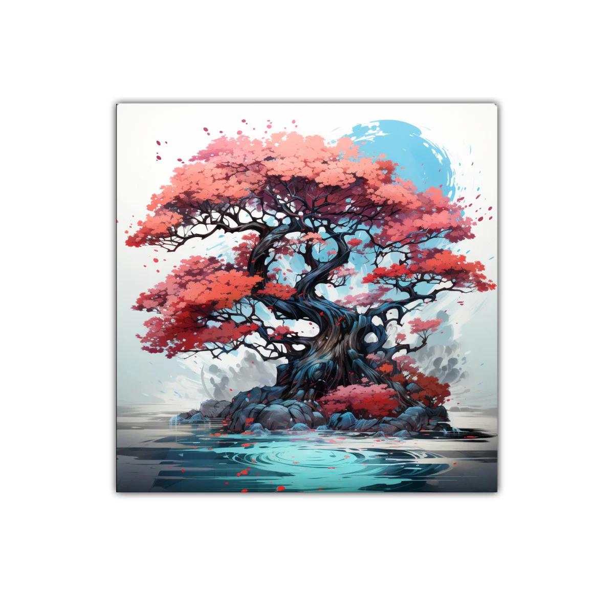 Árbol mágico con hojas coral y cielo azul — imagen principal