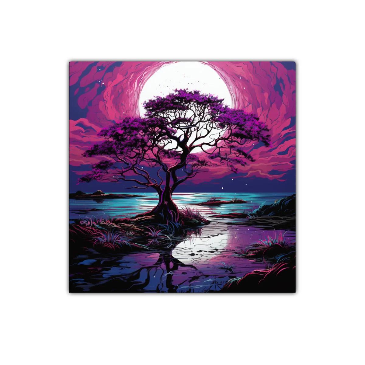 Árbol solitario bajo la luna en tonos morados y azules
