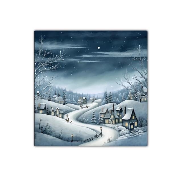 Paisaje invernal con casas y cielo estrellado nocturno