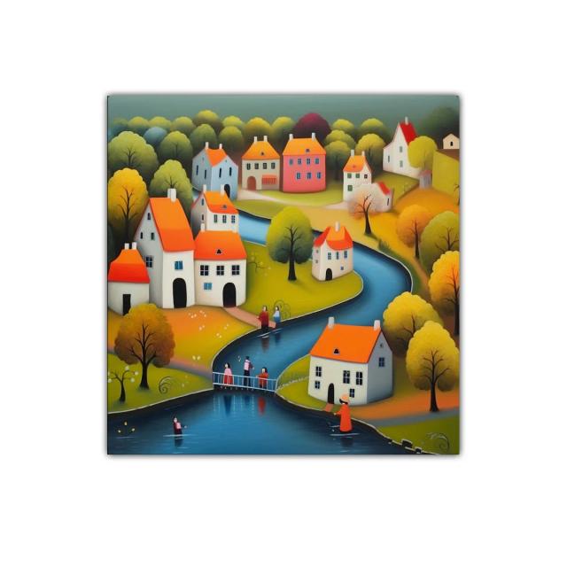 Paisaje de pueblo junto al río con casas y árboles coloridos