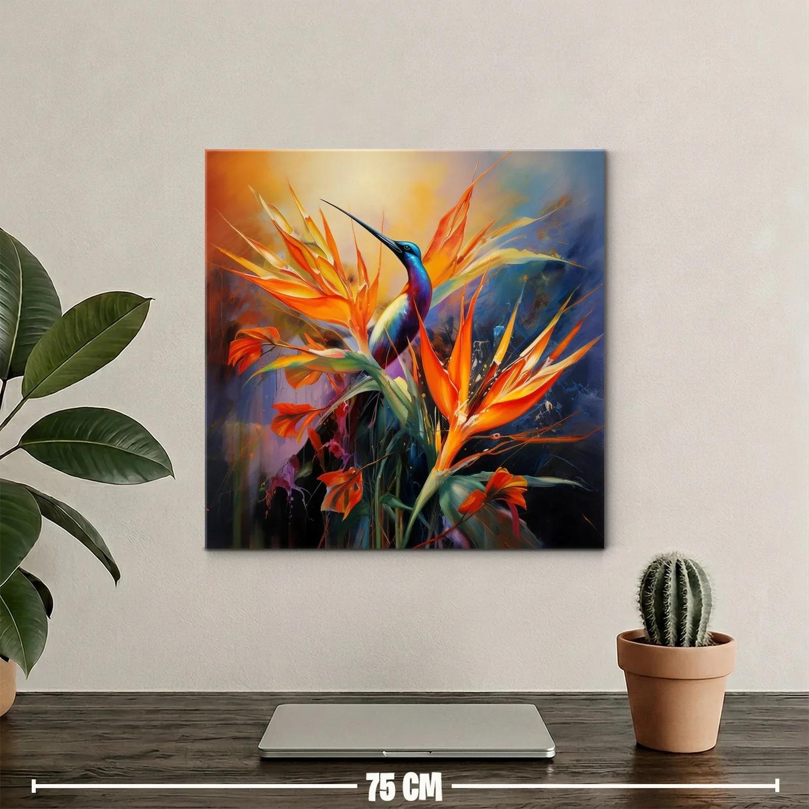 Vibrante cuadro con ave y flores tropicales en tonos cálidos — miniatura 2