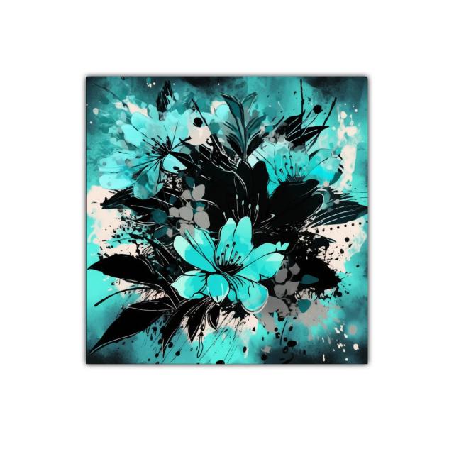 Composición floral abstracta en tonos turquesa y negro