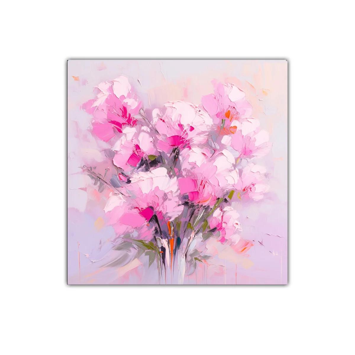Cuadro floral vibrante en tonos rosas y lilas suaves