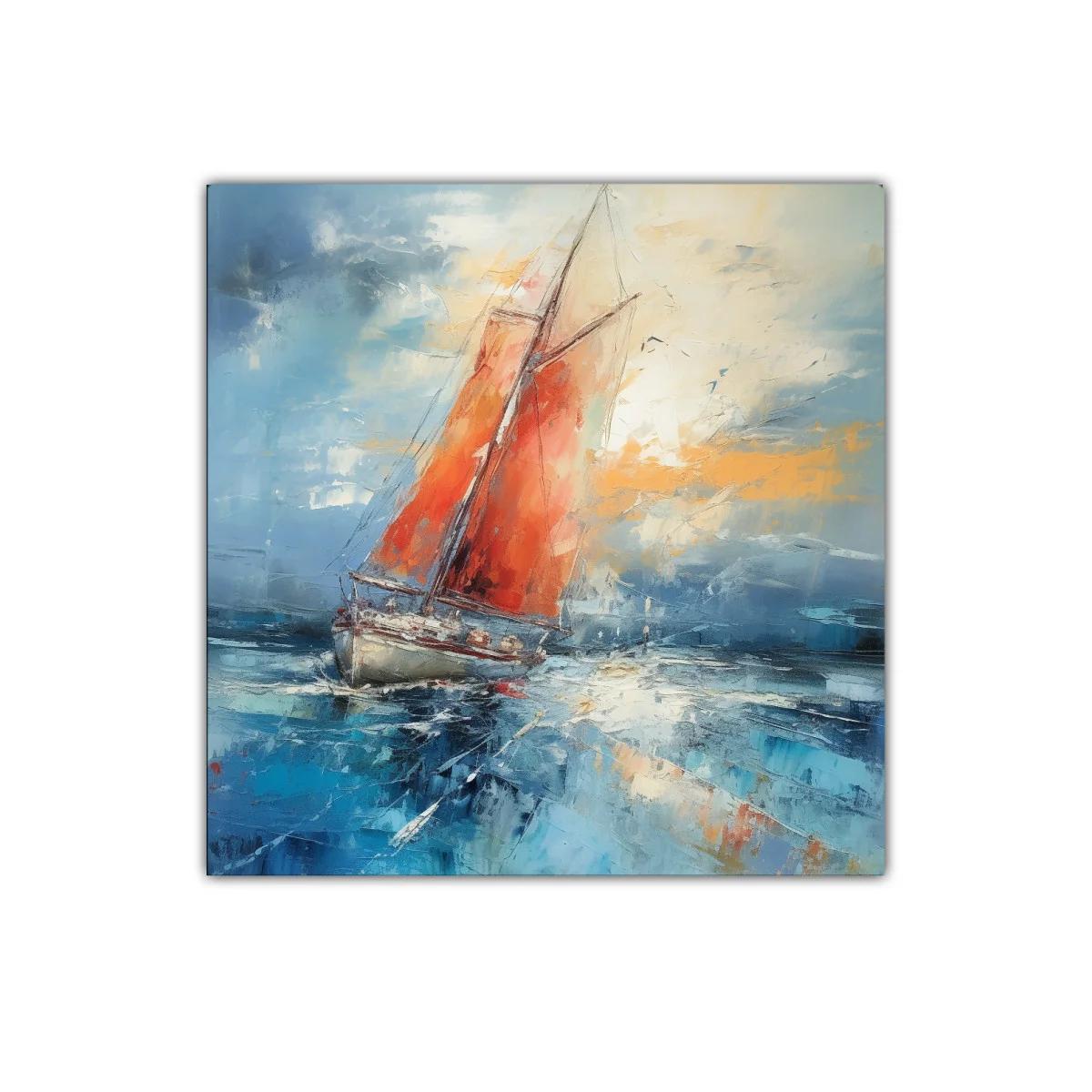 Barco de vela con tonos cálidos y mar azul profundo