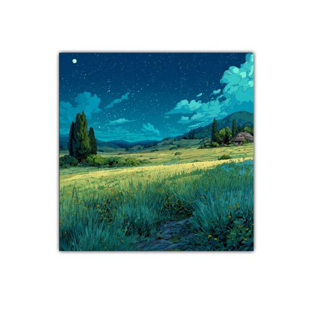 Paisaje nocturno de pradera iluminada por estrellas