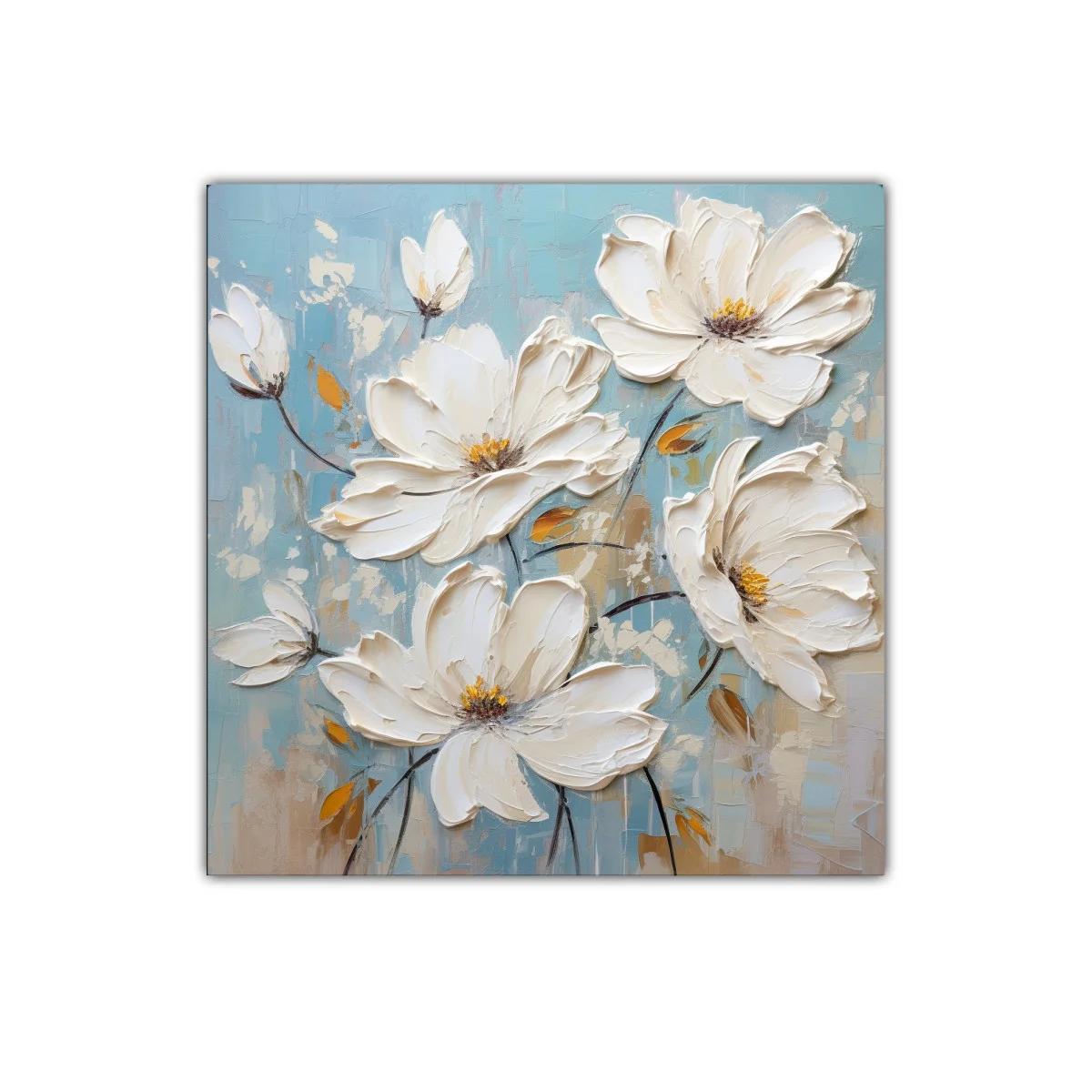 Cuadro decorativo flores blancas sobre fondo azul tenue