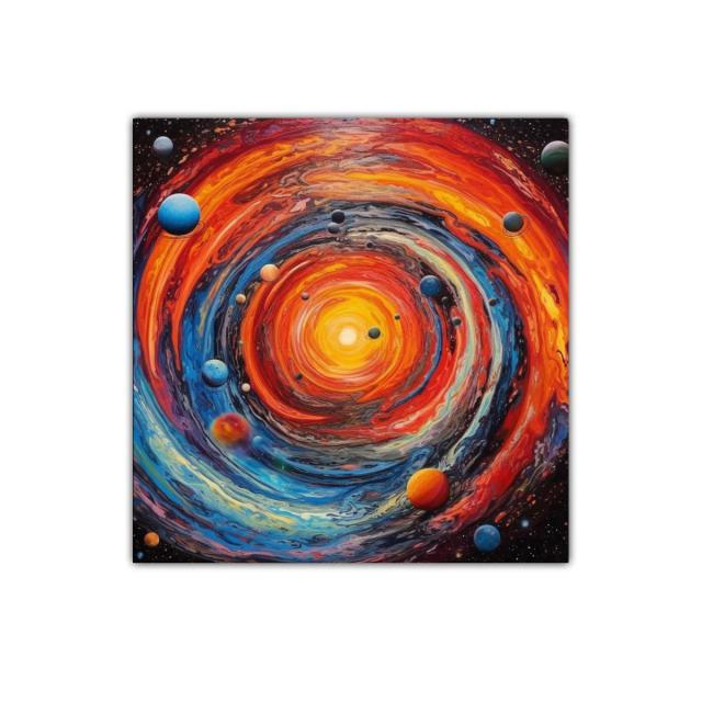 Cuadro Espacial con Remolino Cósmico y Planetas Coloridos