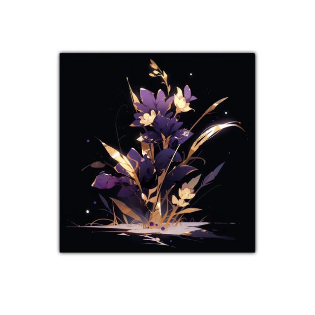 Ramo de flores violetas y doradas con contraste oscuro