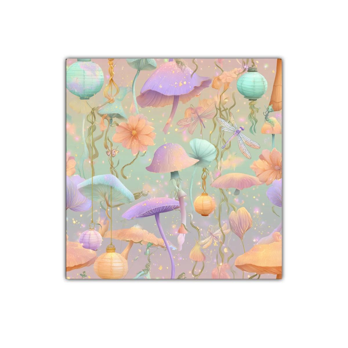 Cuadro decorativo con fantasía de hongos y flores pastel