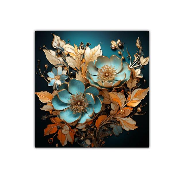 Elegante composición floral con tonos azul y dorado