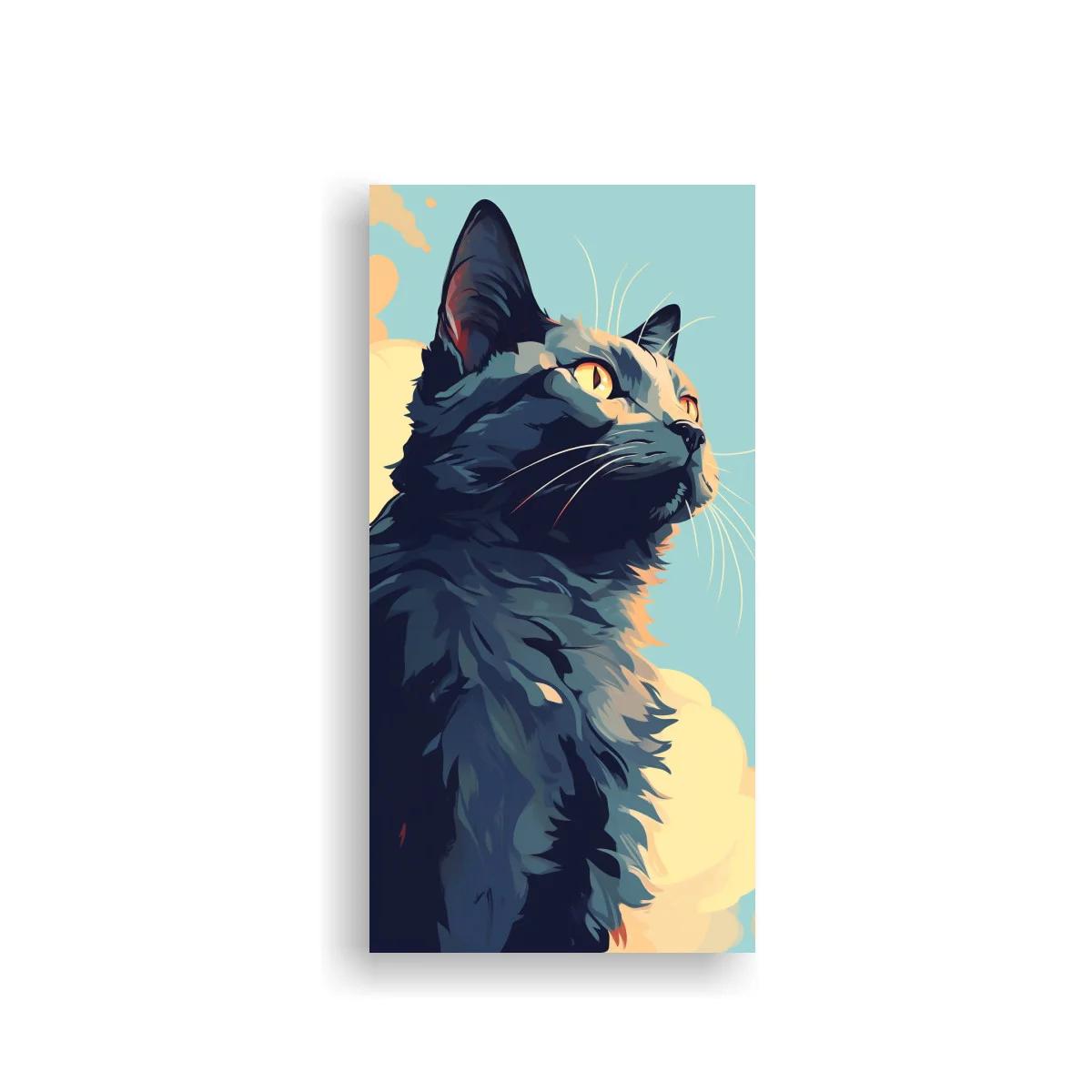 Cuadro gato negro de pelo largo mirando al cielo