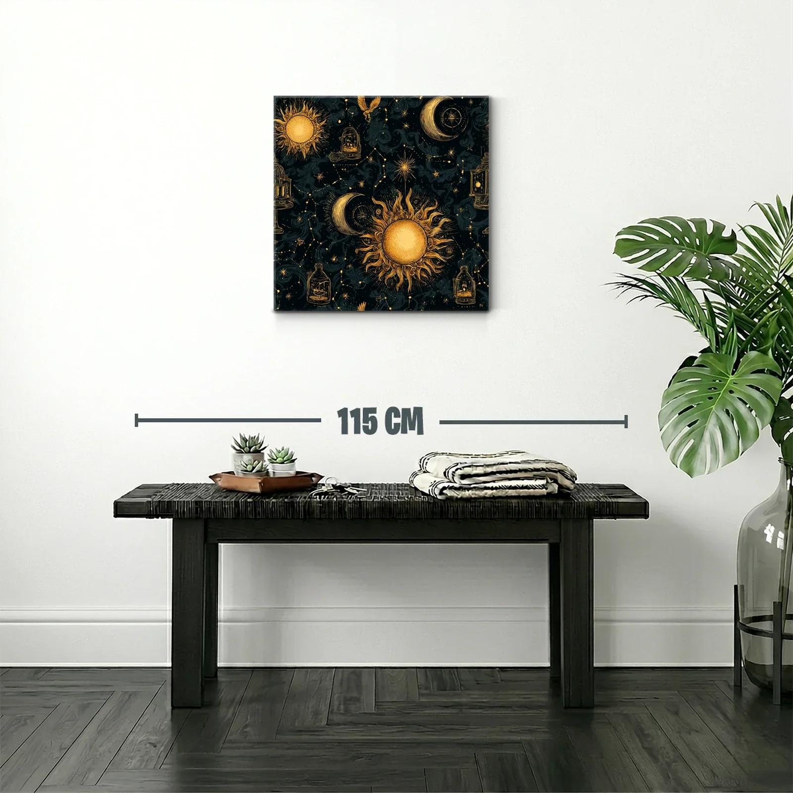 Cuadro celestial con sol y luna en tonos dorados y negros — miniatura 2