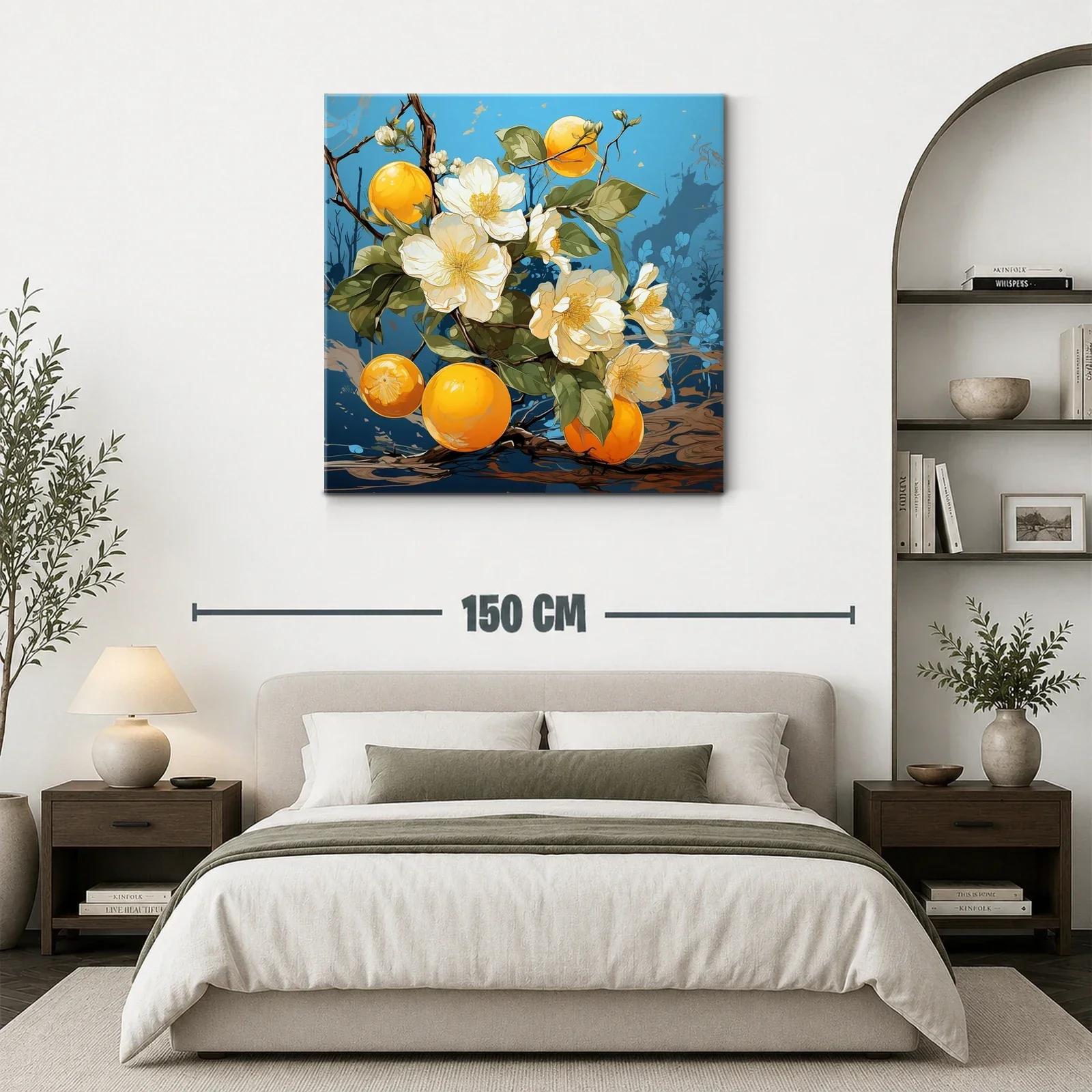 Flores blancas y frutas naranjas en fondo azul vibrante — miniatura 3