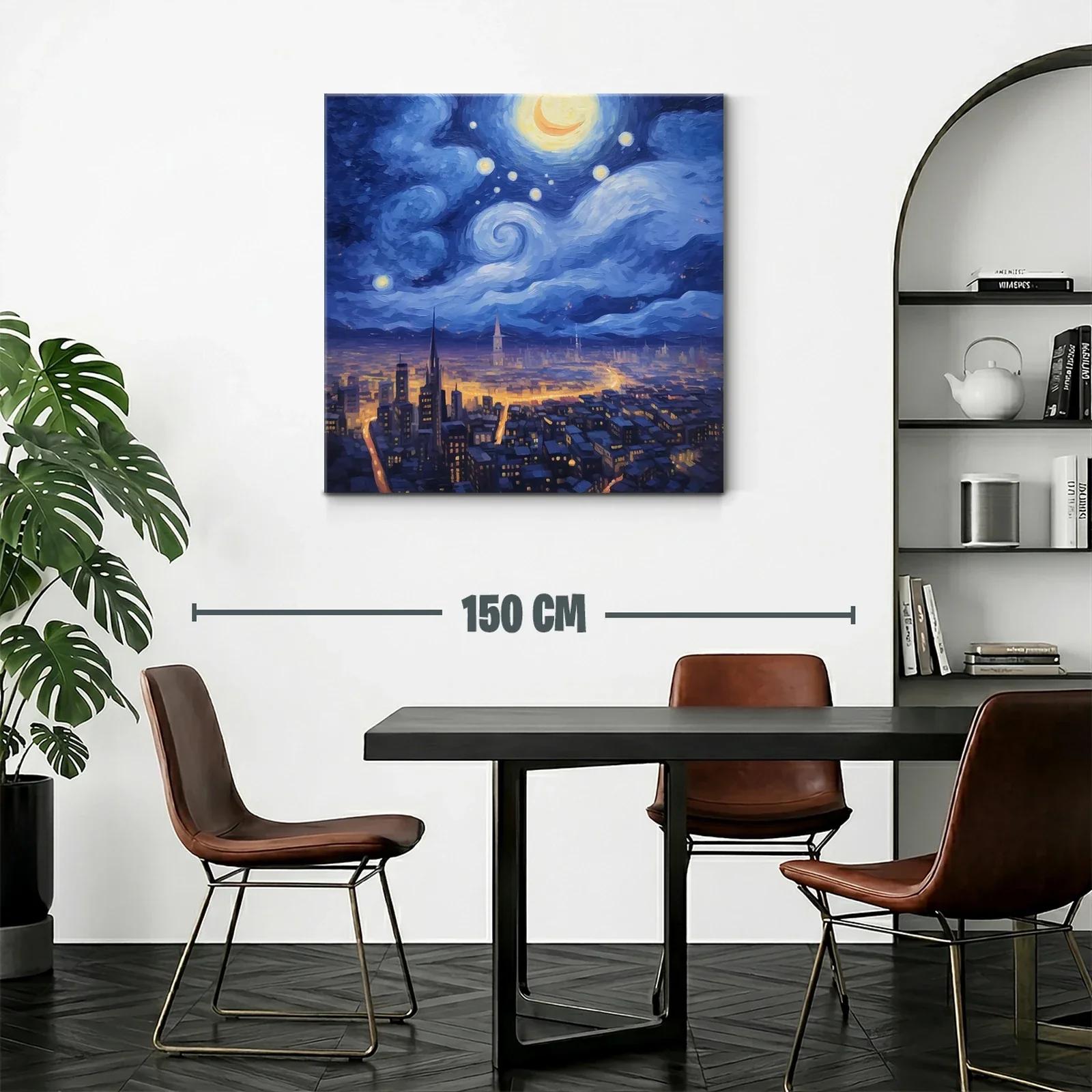 Ciudad nocturna iluminada bajo un cielo estrellado y luna creciente — miniatura 2