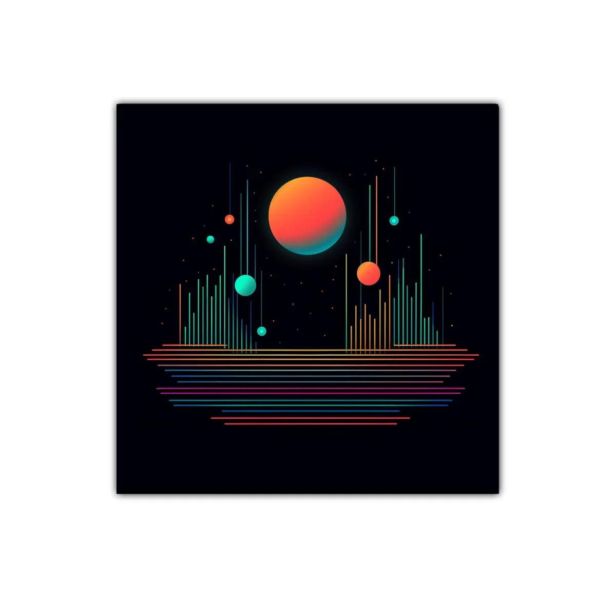 Composición abstracta con esferas y líneas de colores vibrantes