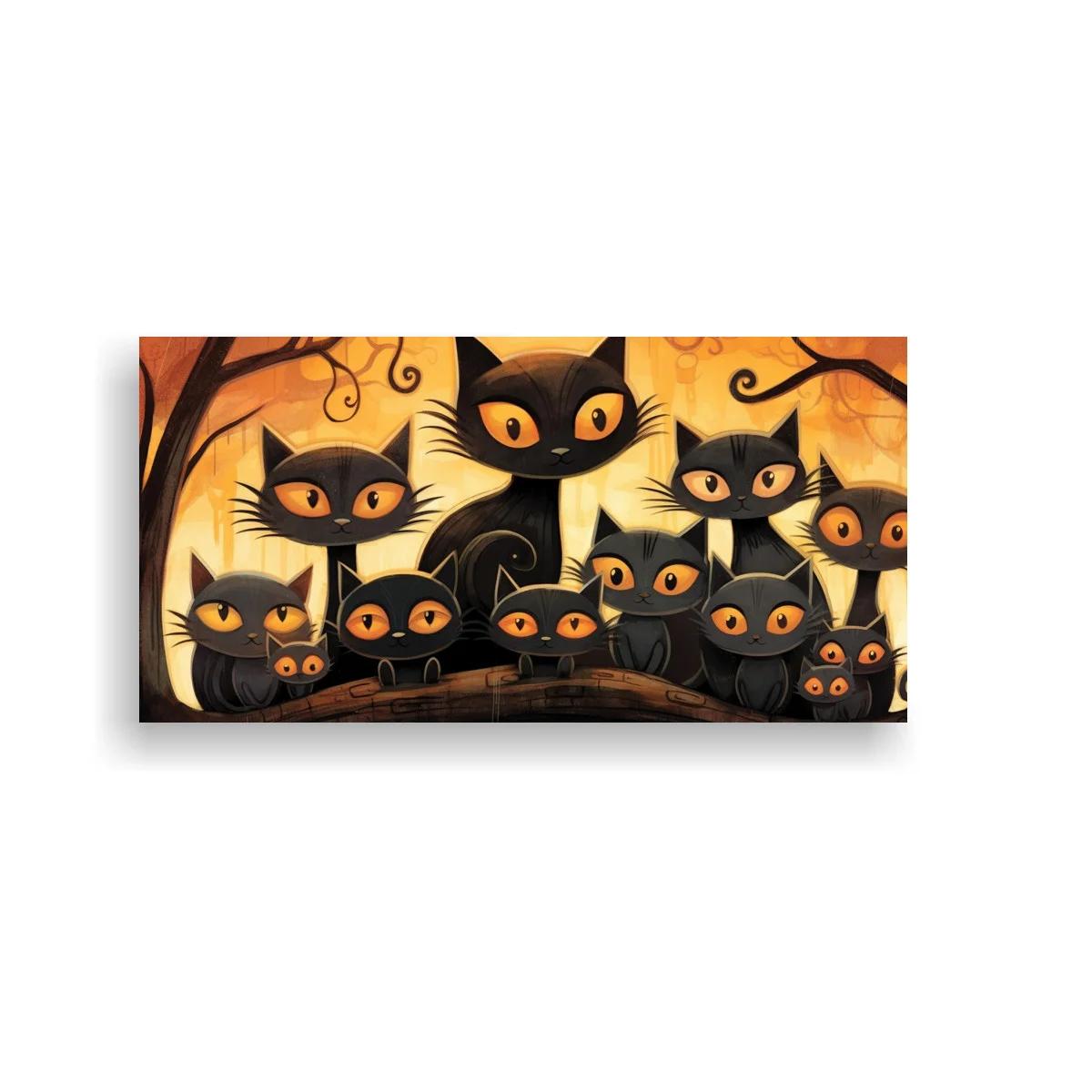 Cuadro grupo de gatos negros con árboles retorcidos