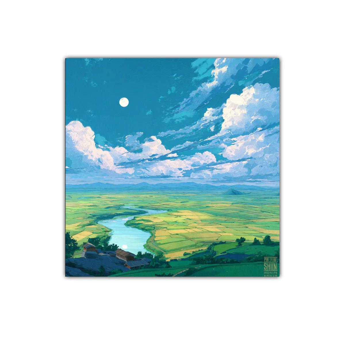 Paisaje sereno con río y vastos campos verdes