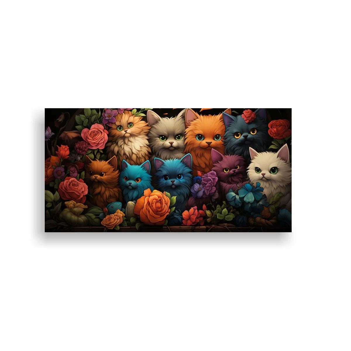 Cuadro gatos entre hortensias y rosas