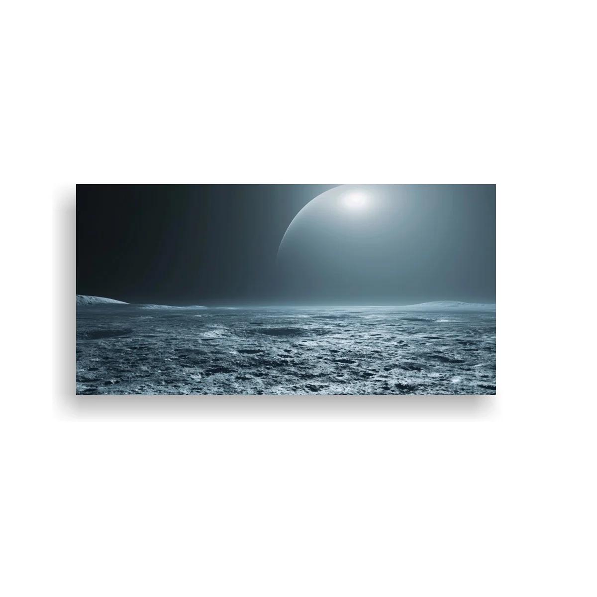 Cuadro planeta sobre paisaje lunar con horizonte luminoso — imagen principal