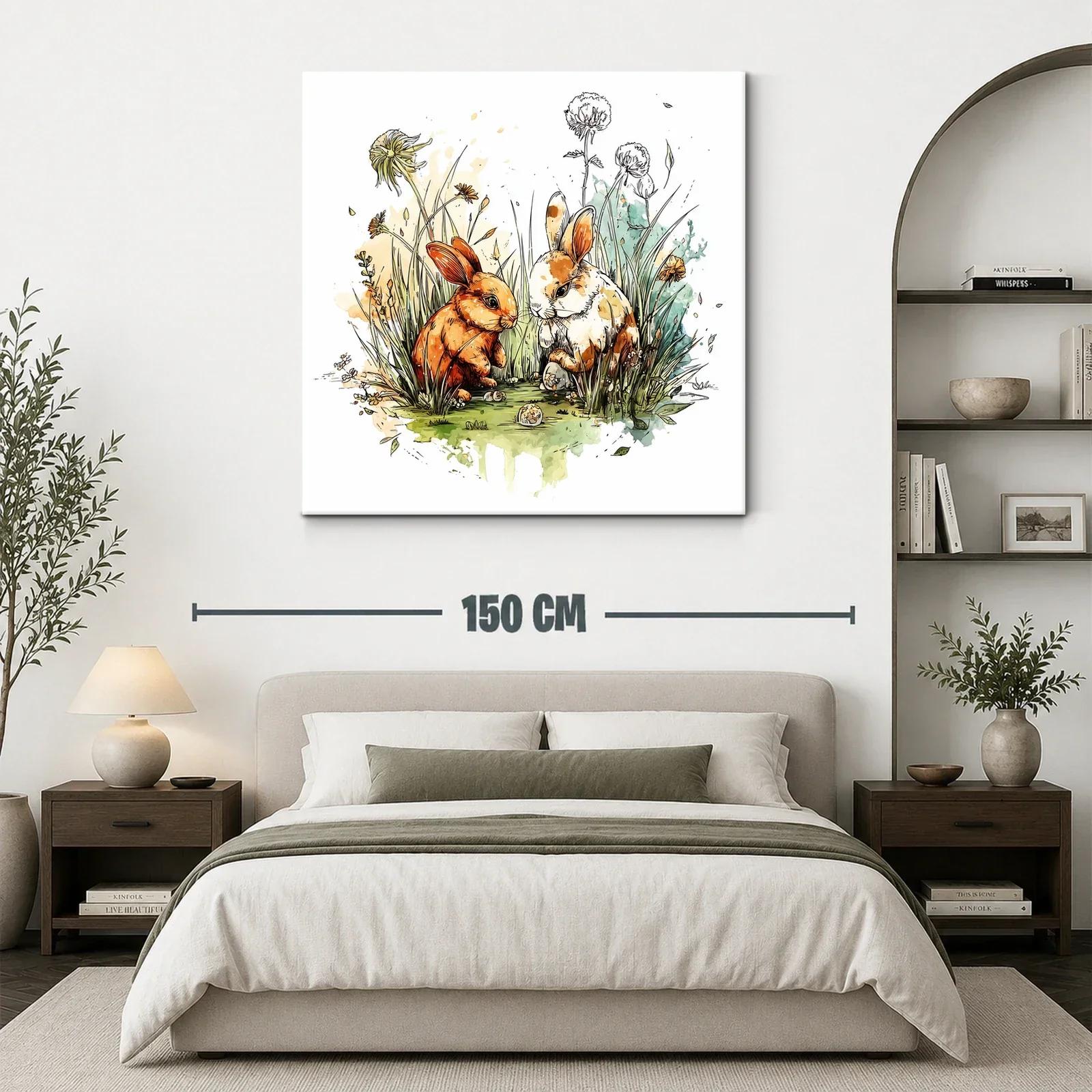 Dúo de conejos rodeados de flores y hierba fresca — miniatura 3